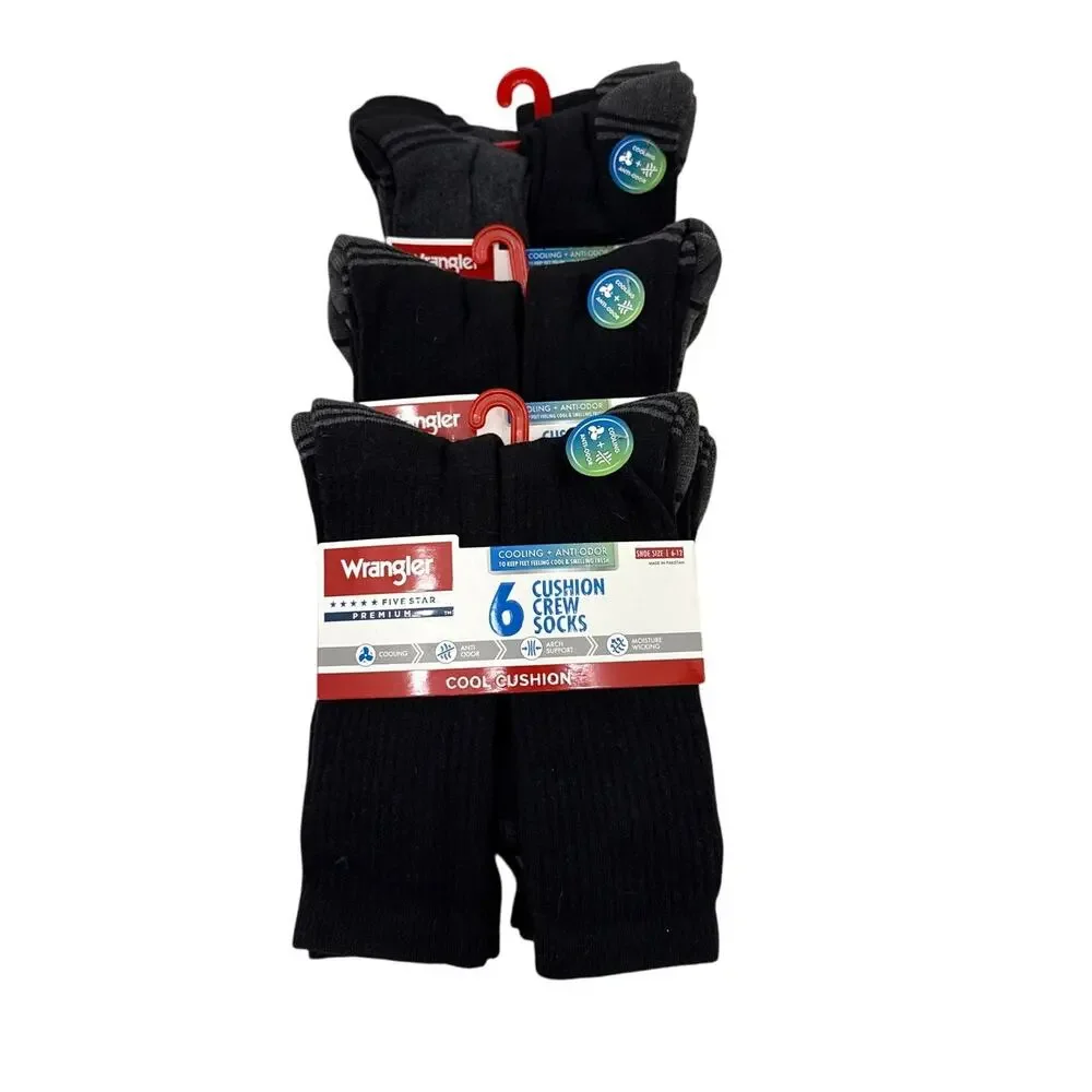 Wrangler Sock Bundle 3 Packs Cushion Cooling Black Crew Socks Size Men's 6-12